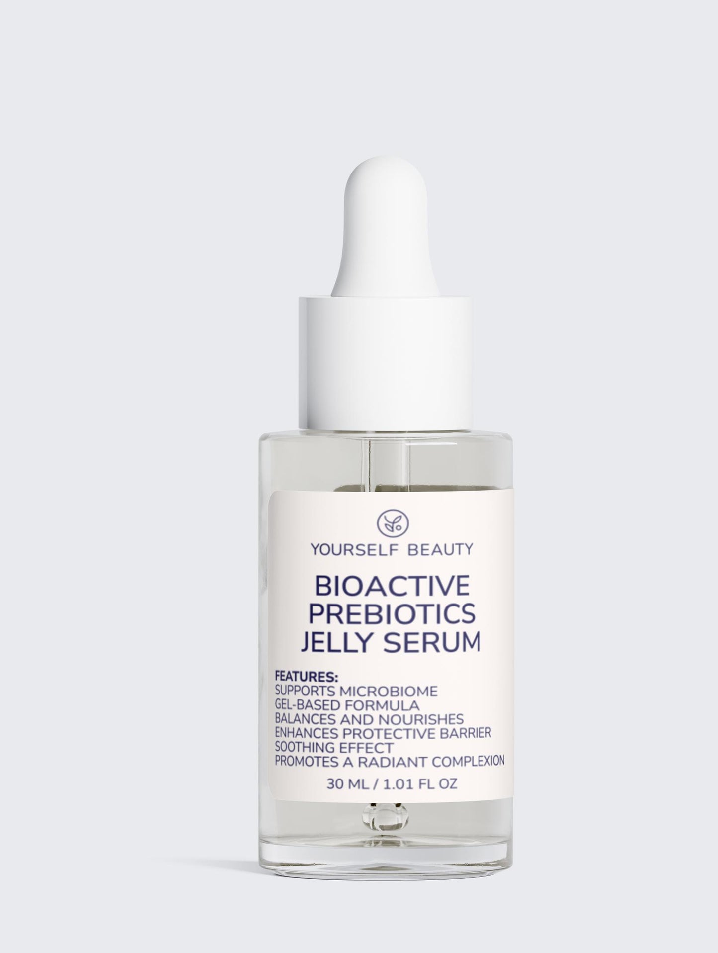 Bioactive Prebiotics Jelly Serum bottle on a light gray background.
