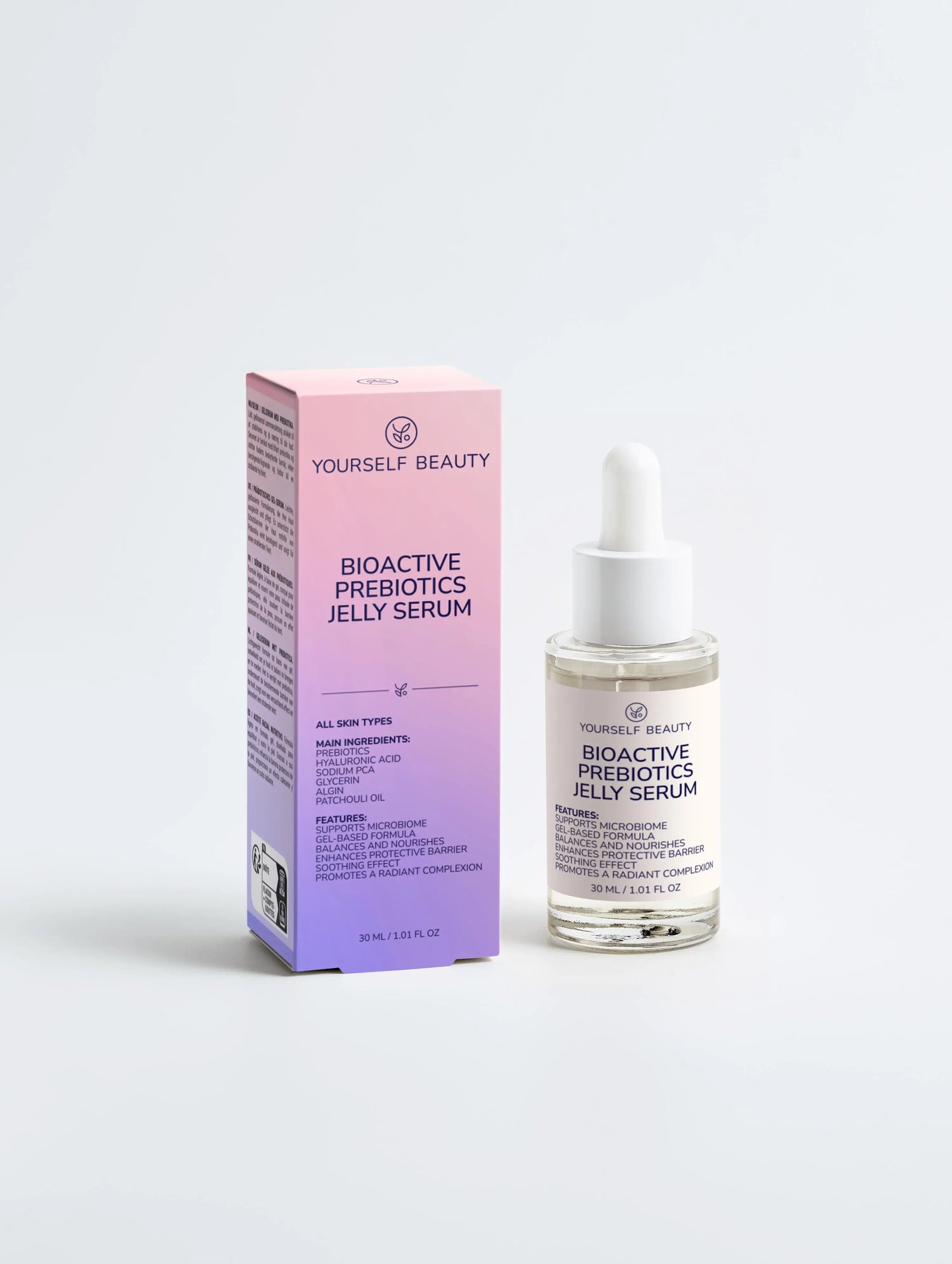 Bioactive Prebiotics Jelly Serum packaging and bottle on a white background.
