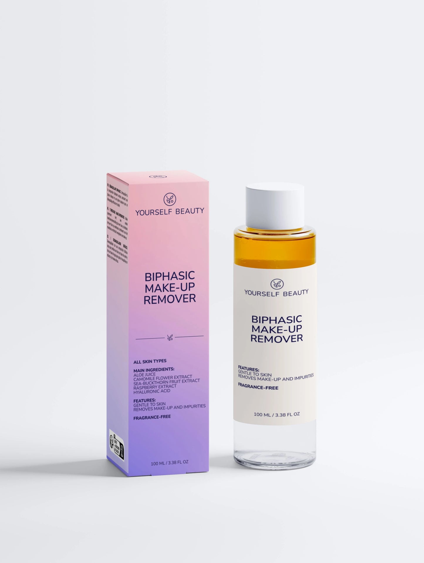 Yourself Beauty Biphasic makeup remover bottle and packaging on a white background.