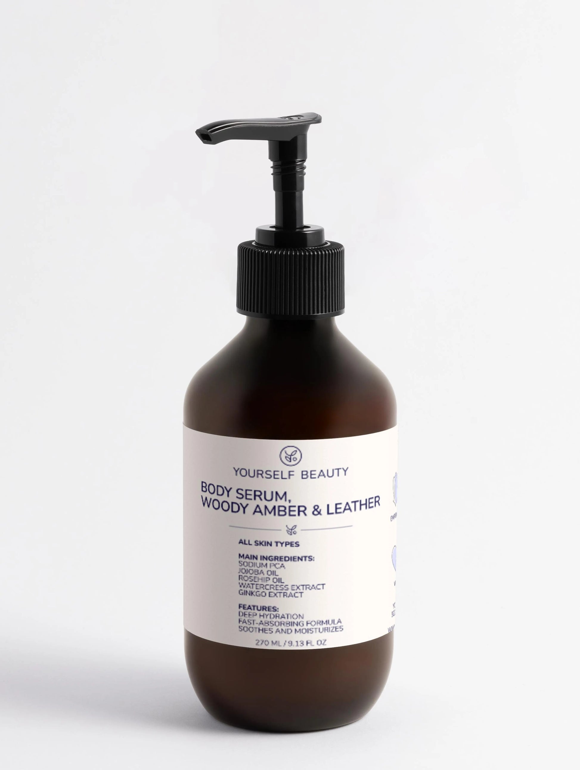 Brown bottle of 'Yourself Beauty' body serum with a pump on a white background.