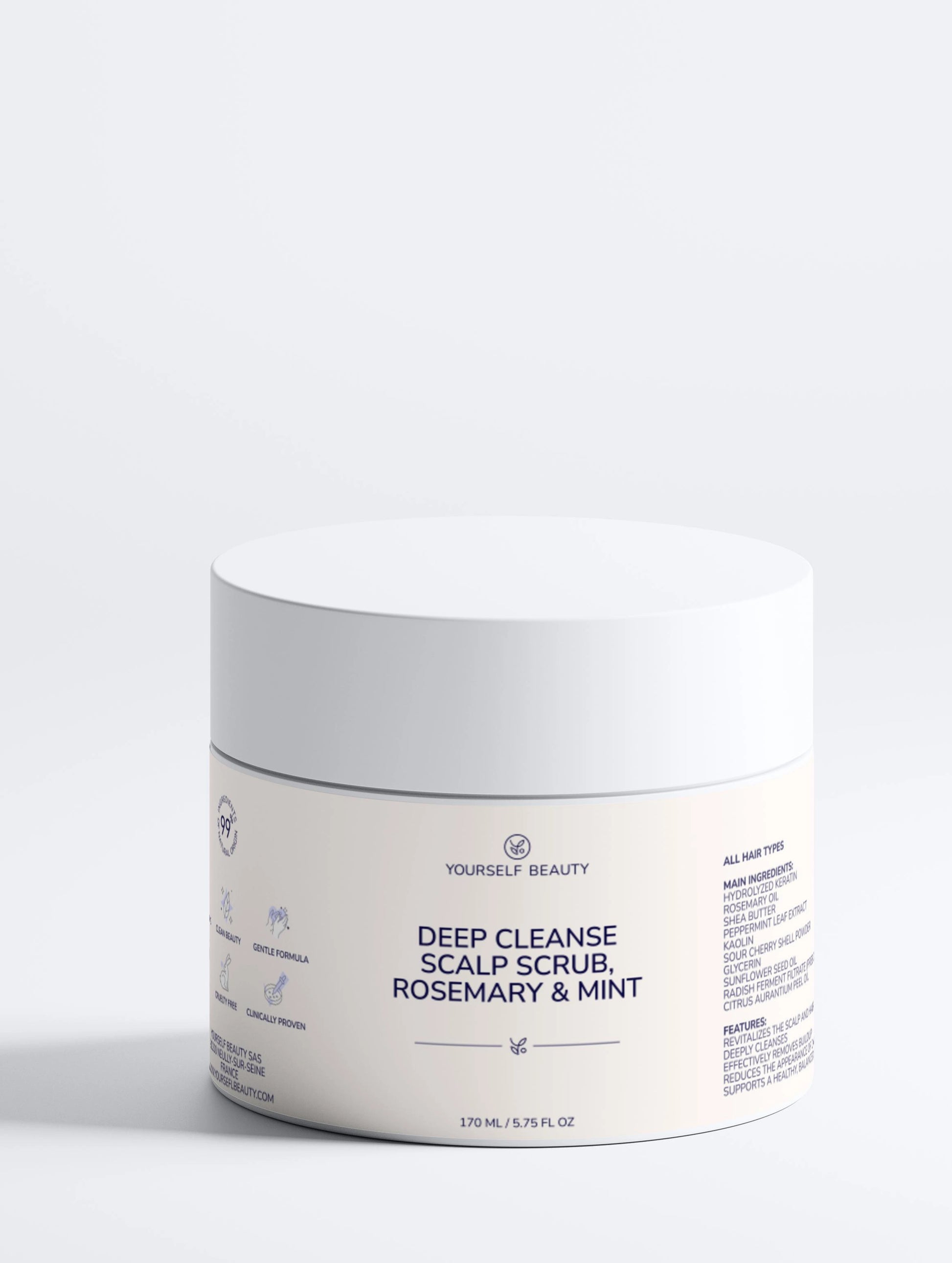 Jar of deep cleanse scalp scrub with rosemary and mint on a white background.