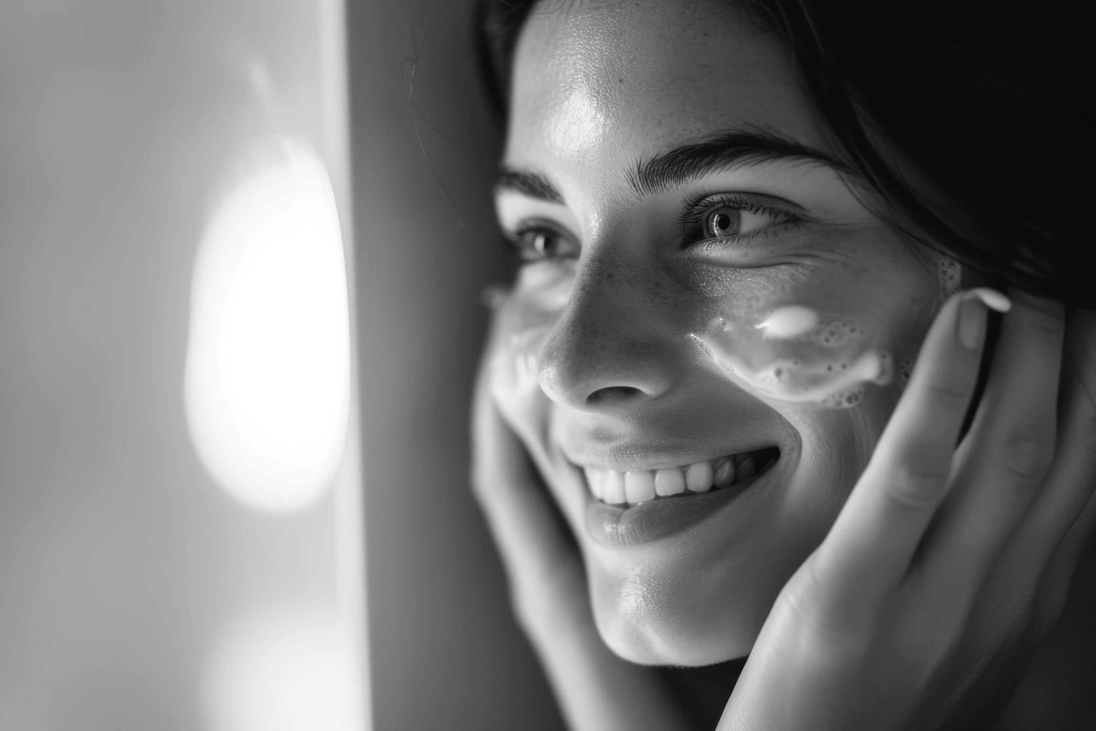 Black and white close-up of a woman applying cream to her face.