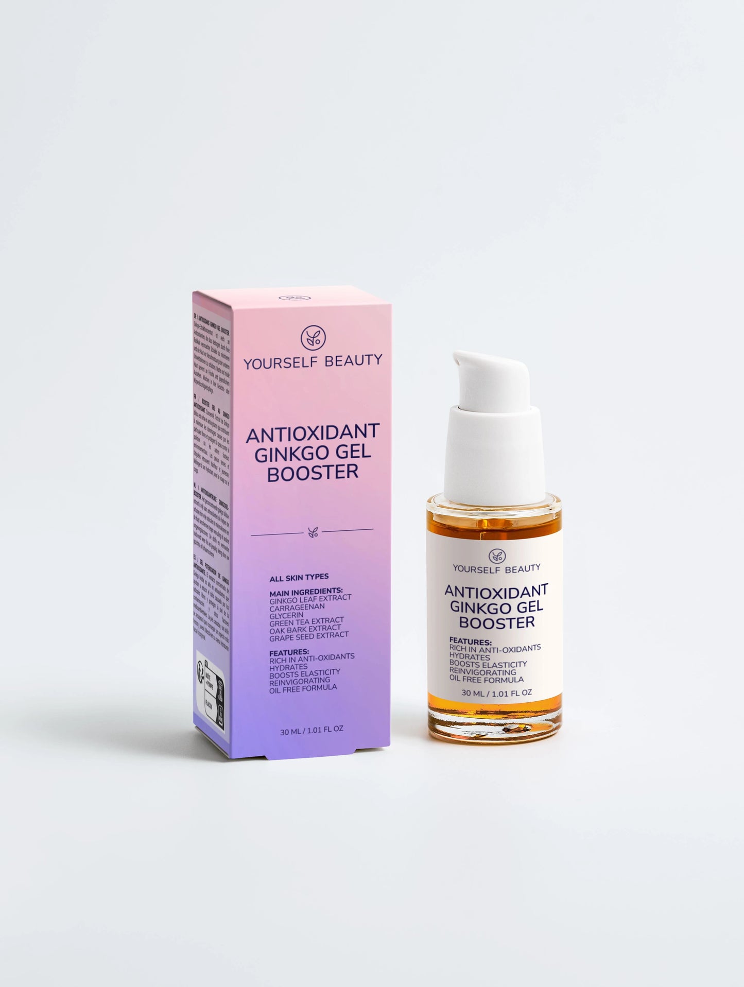Yourself Beauty Antioxidant Ginkgo Gel Booster packaging and bottle on a white background.