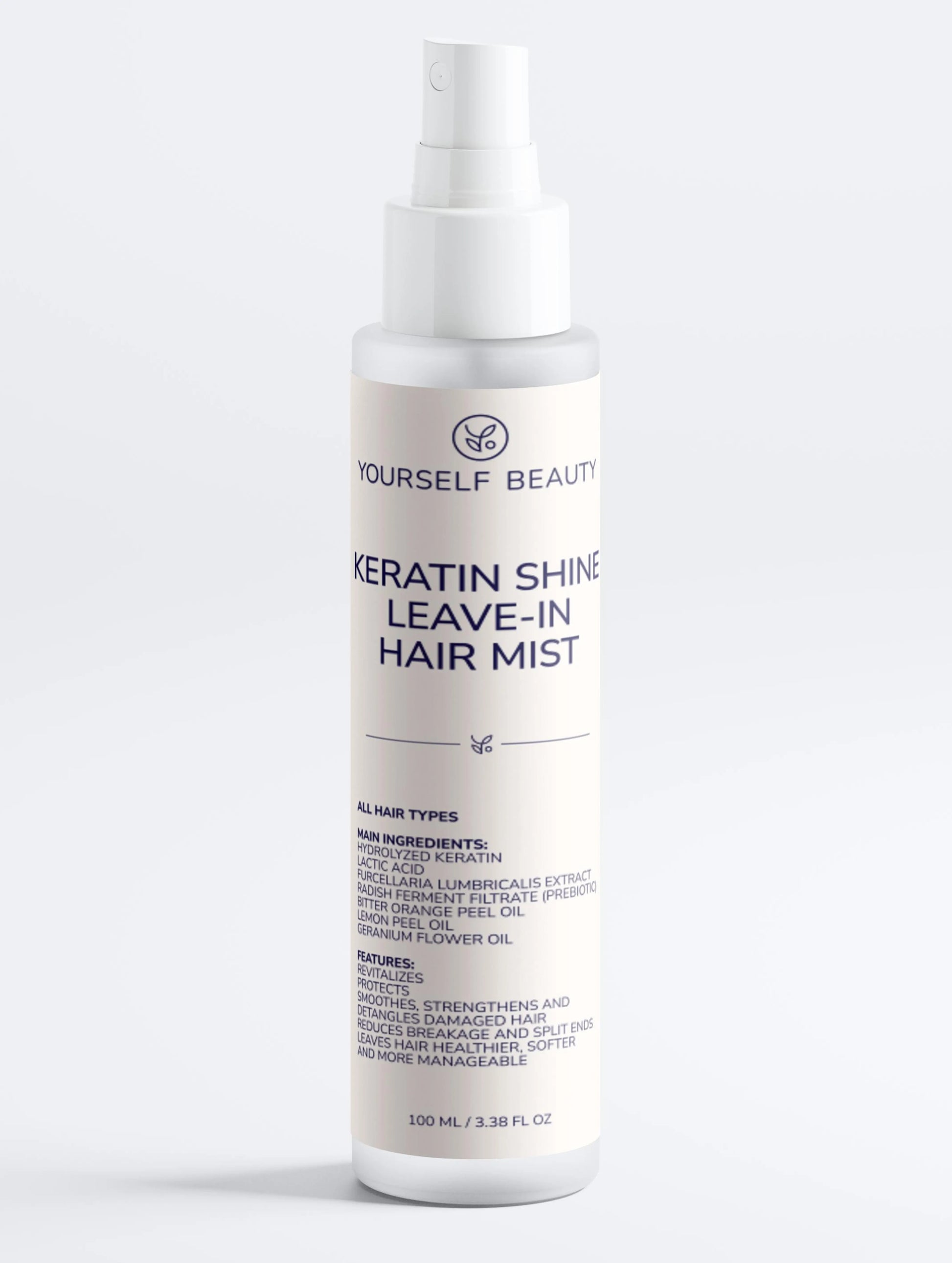 Yourself Beauty hair mist bottle labeled 'Keratin Shine Leave-In Hair Mist' on a white background.