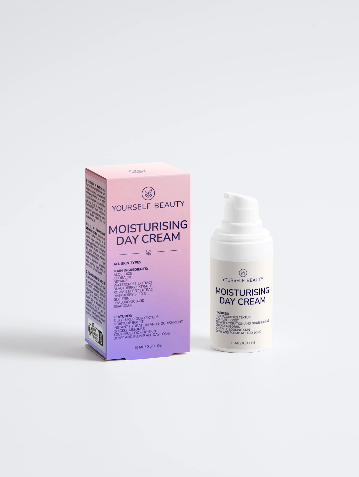 Yourself Beauty moisturising day cream packaging and bottle on a white background.