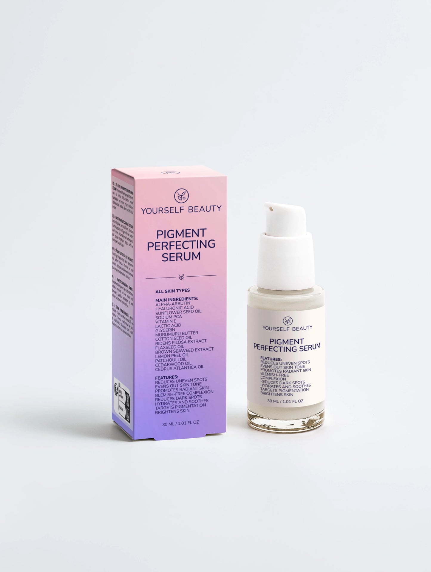 Yourself Beauty Pigment Perfecting Serum with packaging on a light gray background.