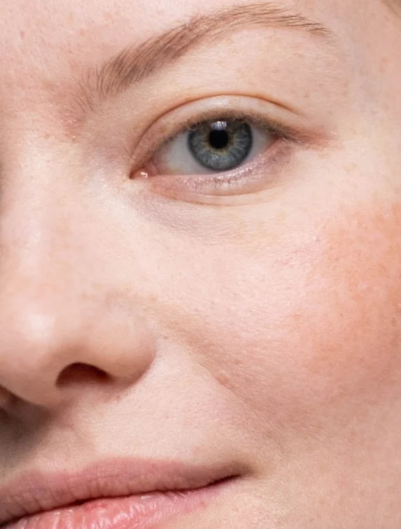 Close-up of a person's eye, nose and lips.