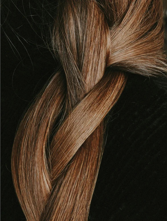 Close-up of a braided hairstyle with brown and blonde hair on a dark background.