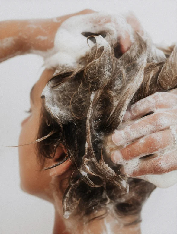 Person washing their hair with soapy hands on a white background.