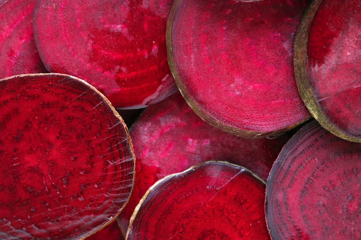 Close-up of sliced red beets.
