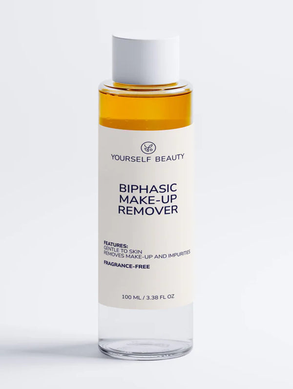Bottle of Yourself Beauty biphasic makeup remover on a white background.