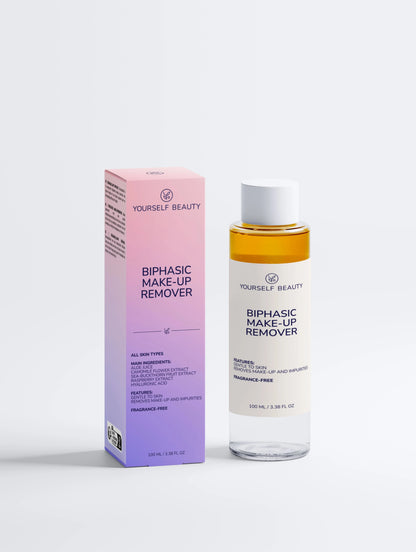 Yourself Beauty Biphasic makeup remover bottle and packaging on a white background.