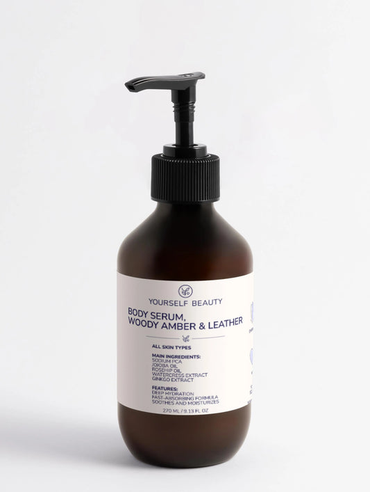 Brown bottle of 'Yourself Beauty' body serum with a pump on a white background.