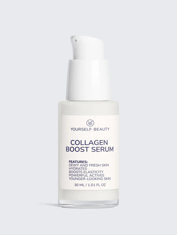 Collagen boost serum bottle with 'Yourself Beauty' branding on a light gray background.