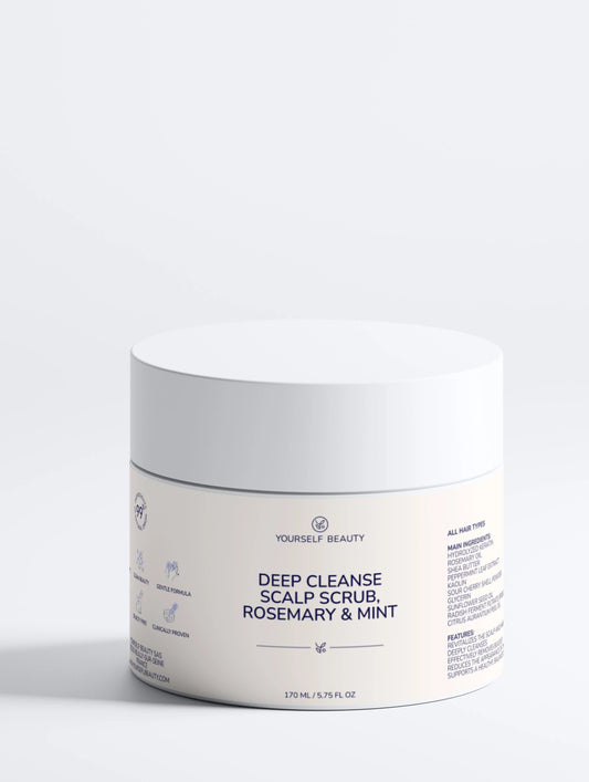 Jar of deep cleanse scalp scrub with rosemary and mint on a white background.