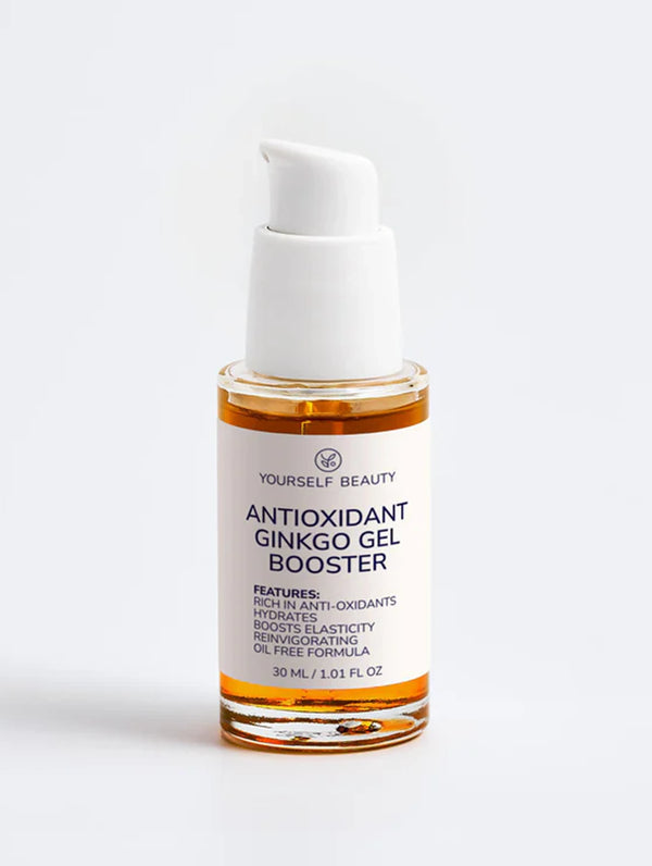 Yourself Beauty Antioxidant Ginkgo Gel Booster bottle with white cap on a light gray background.