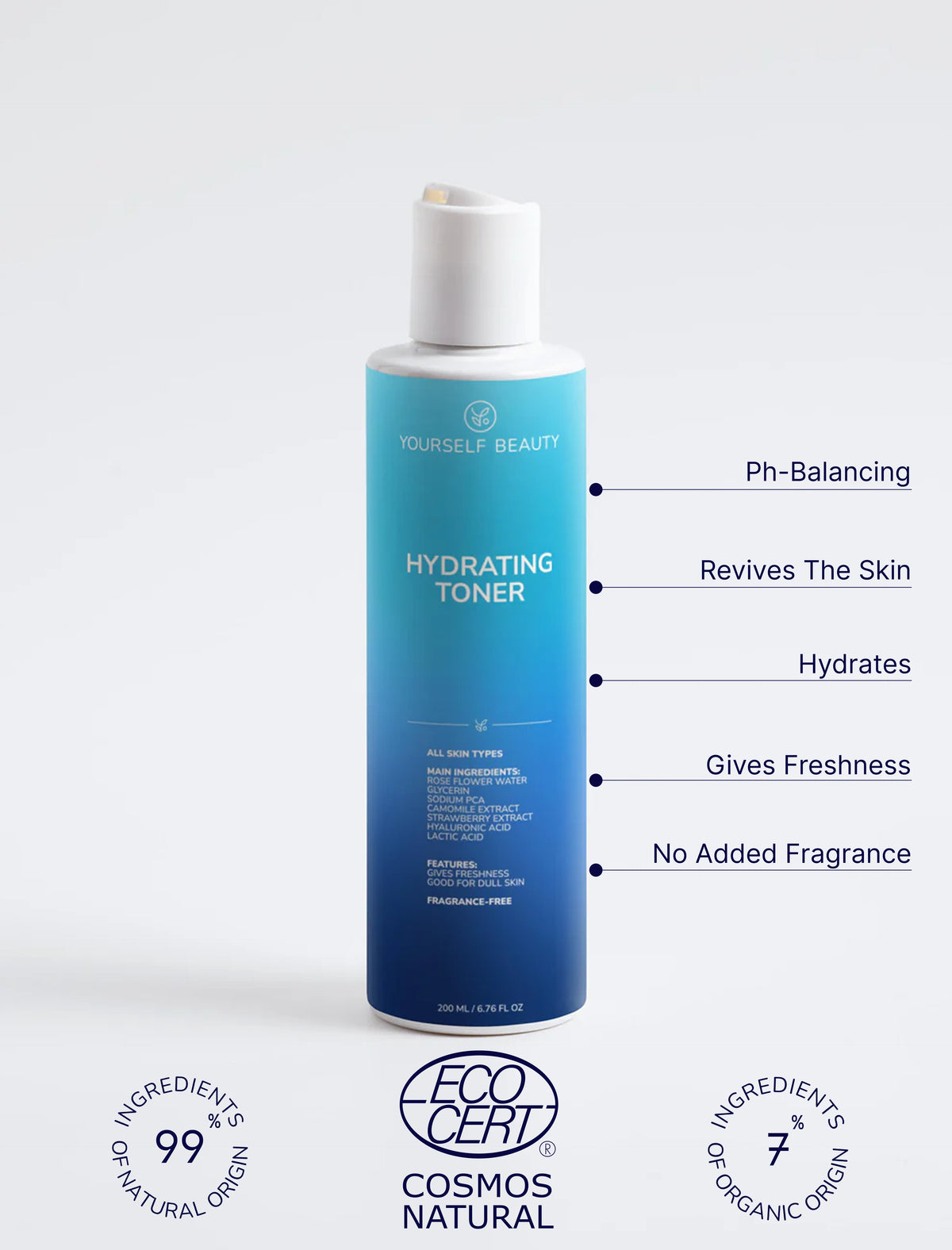 Blue Yourself Beauty toner bottle with white cap on a light gray background, featuring text and certification logos.