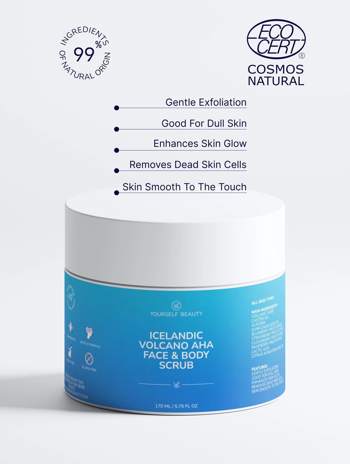 Yourself Beauty Icelandic Volcano AHA Face & Body Scrub container with blue and white design on a light gray background.