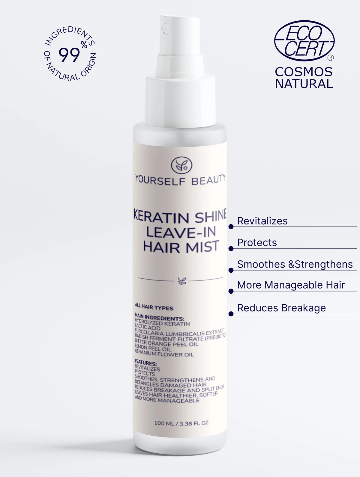 Keratin Shine Leave-In Hair Mist bottle with certification logos on a white background.