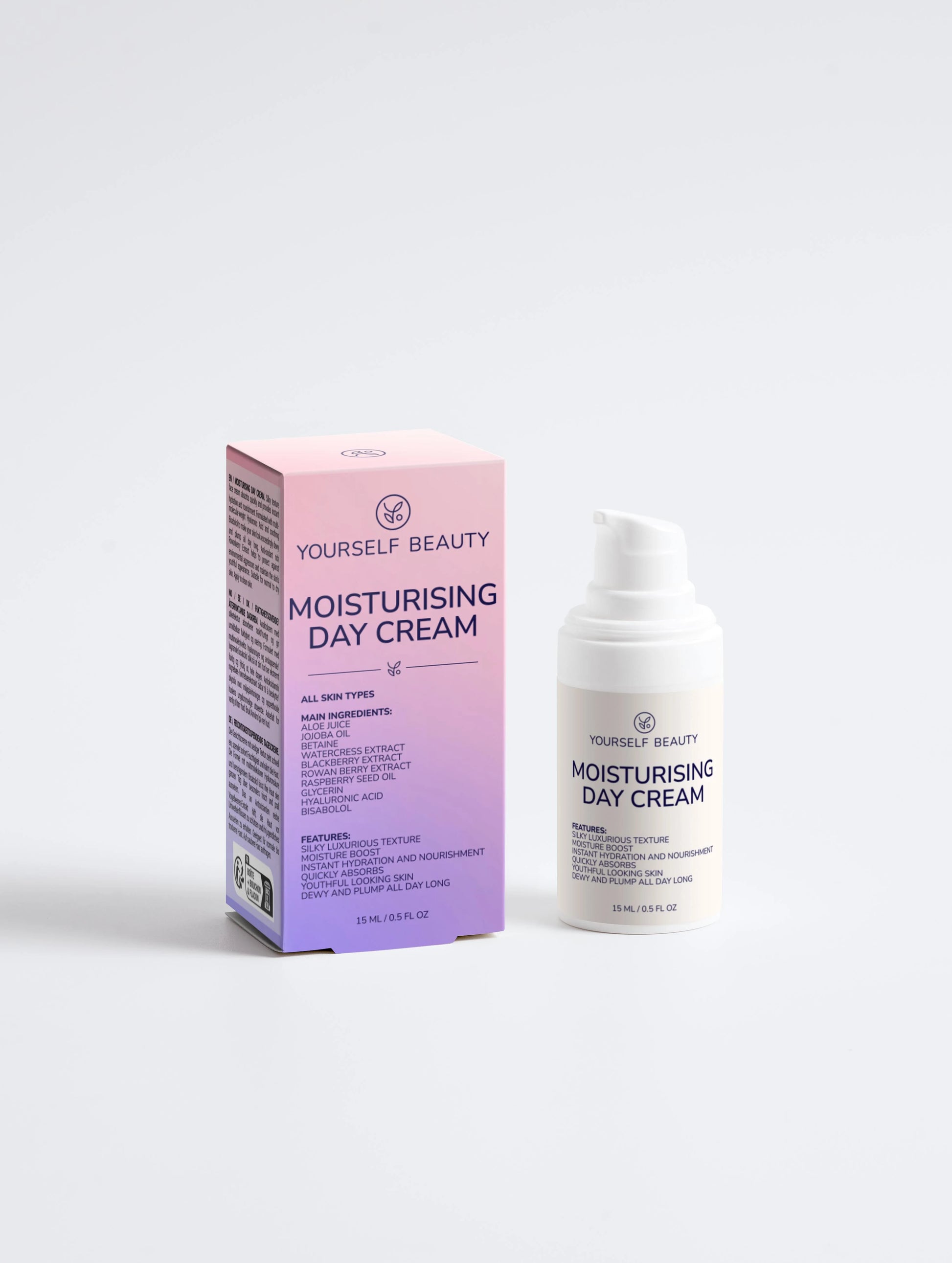 Yourself Beauty moisturising day cream packaging and bottle on a white background.