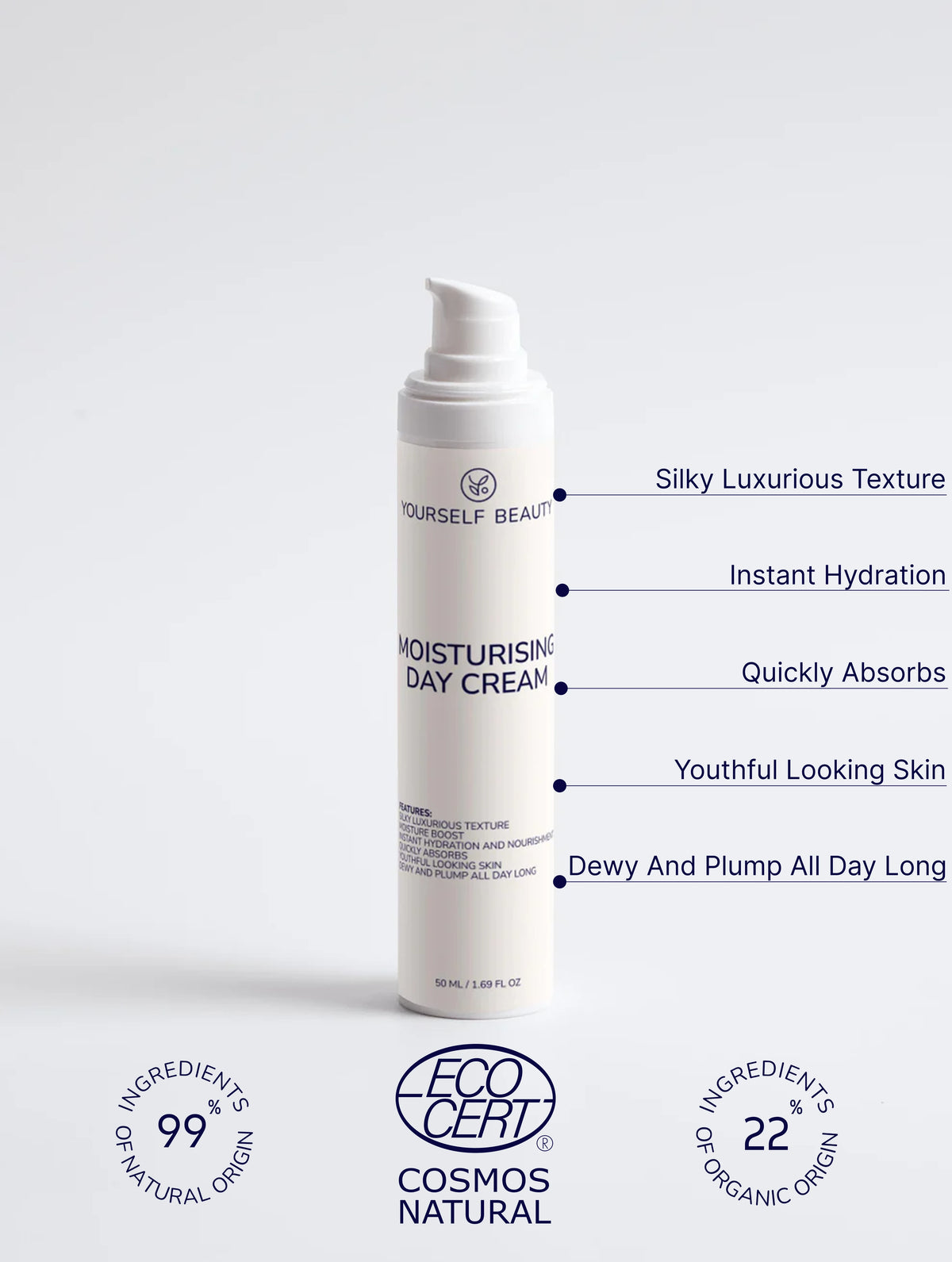 Yourself beauty moisturising day cream bottle with text highlighting features on a white background.