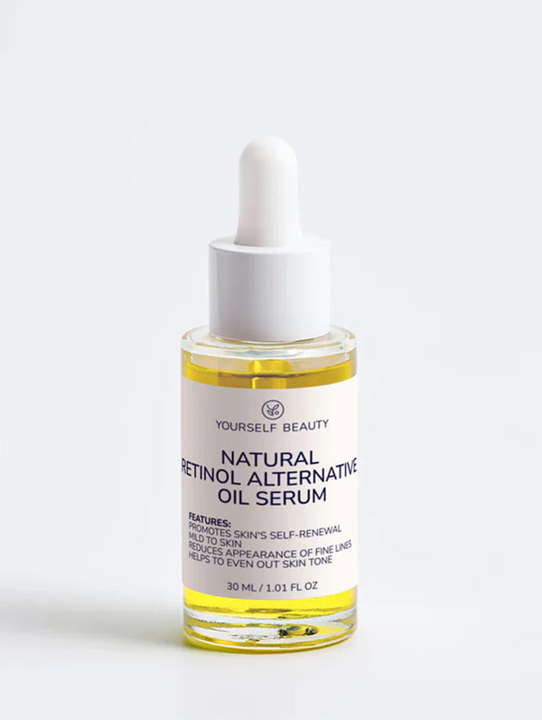 Bottle of 'Natural Retinol Alternative Oil Serum' by Yourself Beauty on a white background.