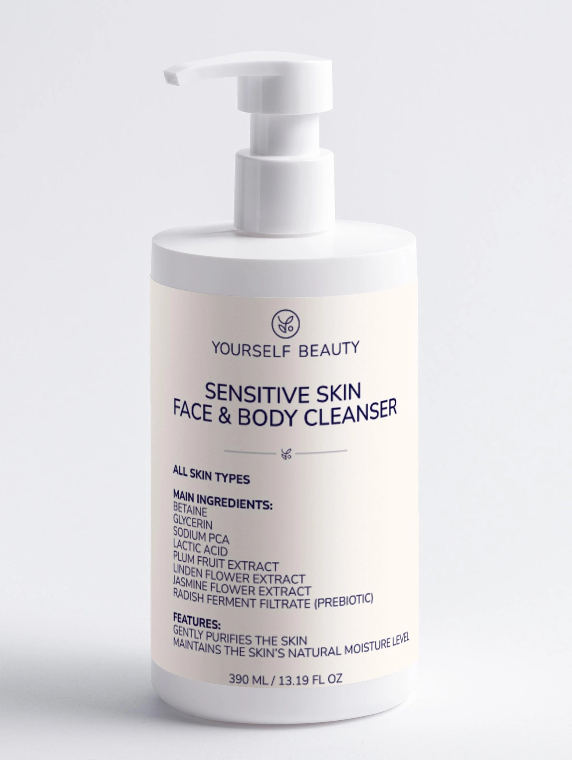 Yourself Beauty Sensitive Skin Face & Body Cleanser bottle with pump on a light gray background