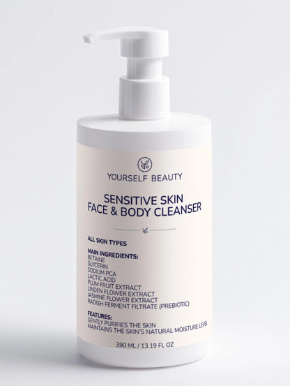 Yourself Beauty Sensitive Skin Face & Body Cleanser bottle with pump on a light gray background