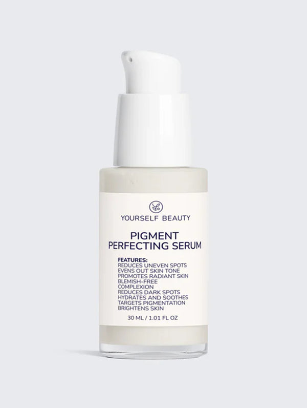 Yourself Beauty Pigment Perfecting Serum bottle with text on a light gray background.