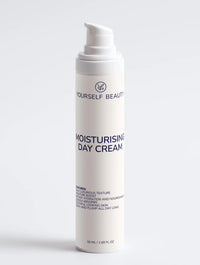 Yourself Beauty moisturizing day cream bottle with text on a light gray background.