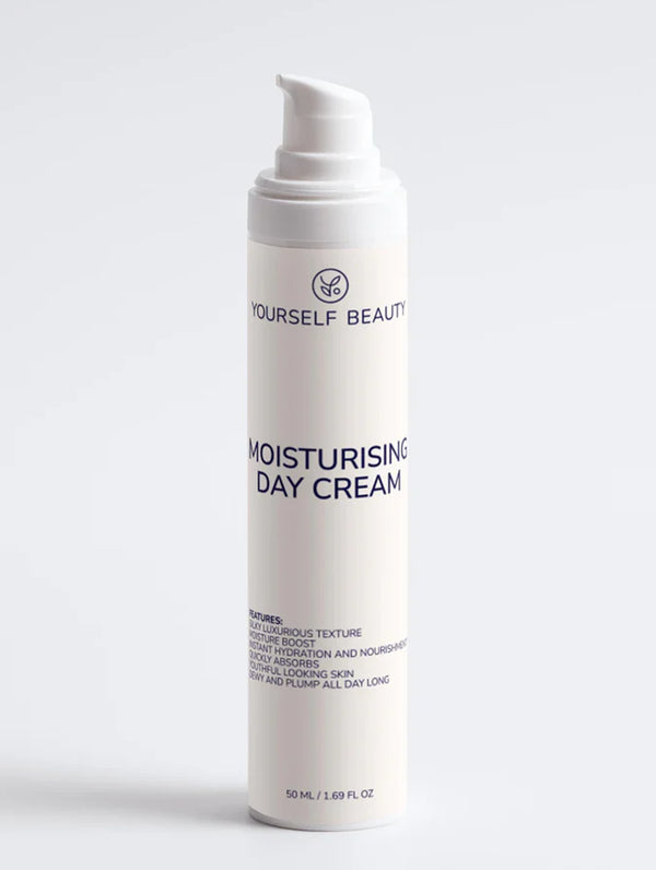 Yourself Beauty moisturizing day cream bottle with text on a light gray background.