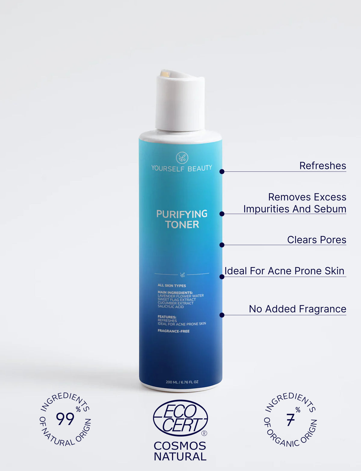 Yourself Beauty blue bottle of purifying toner with text on a white background.