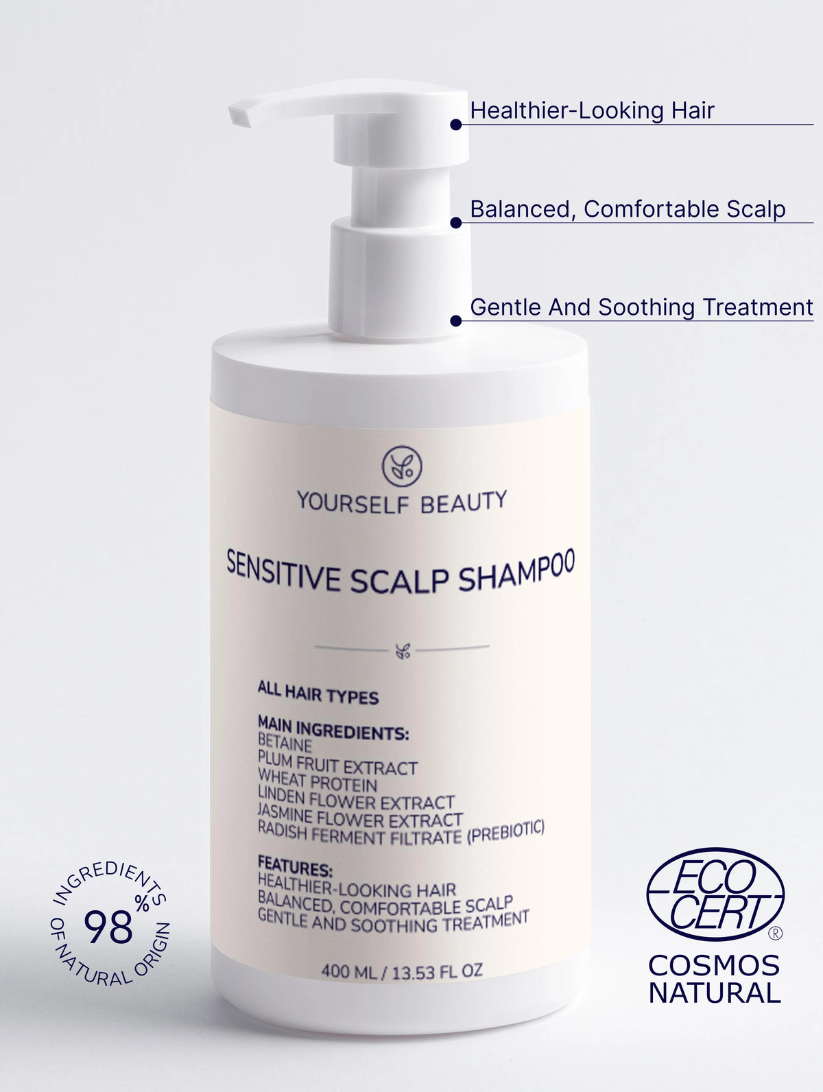 Sensitive Scalp Shampoo bottle with branding and product details on a light gray background.