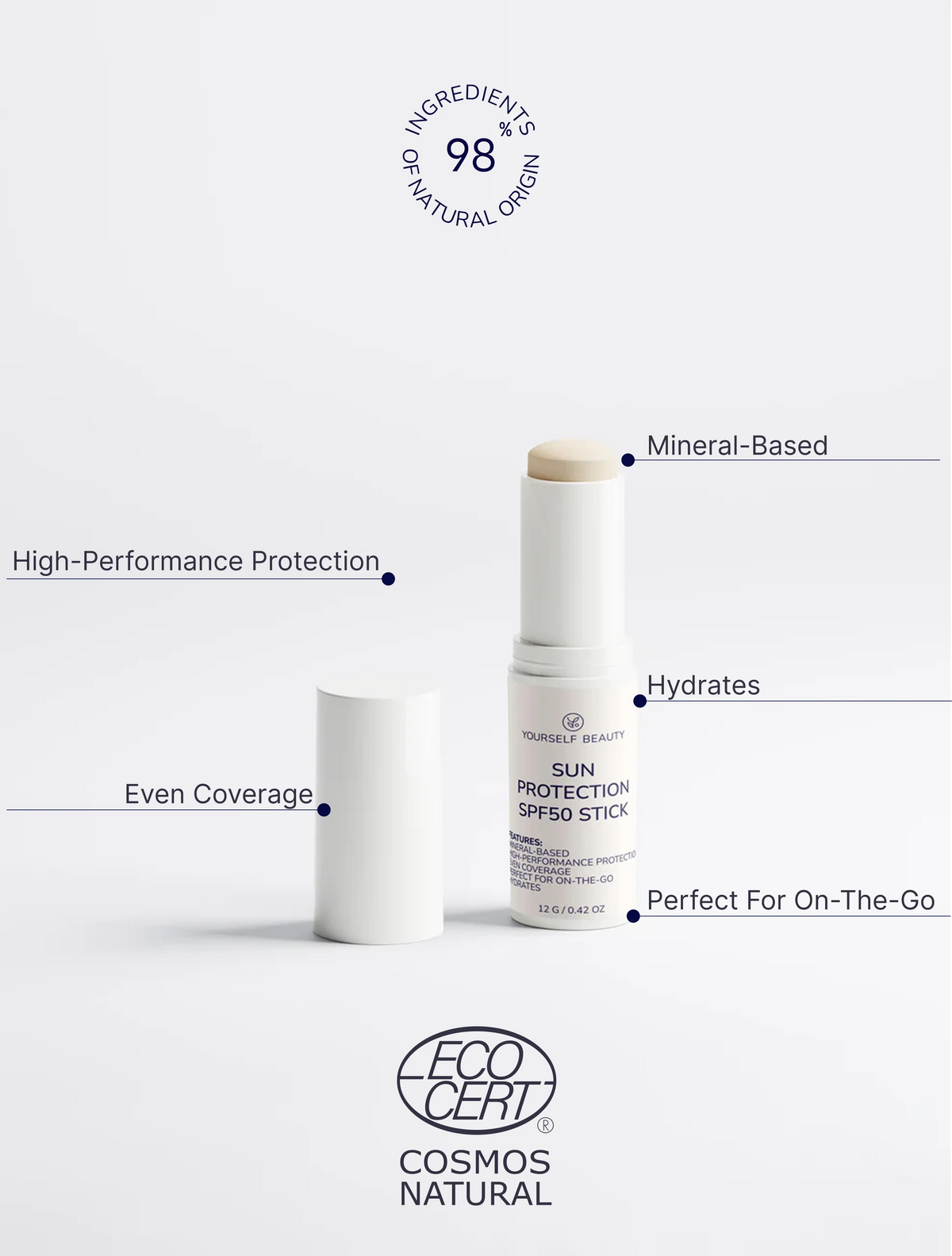 Yourself Beauty Sun protection stick with text highlighting features on a white background.