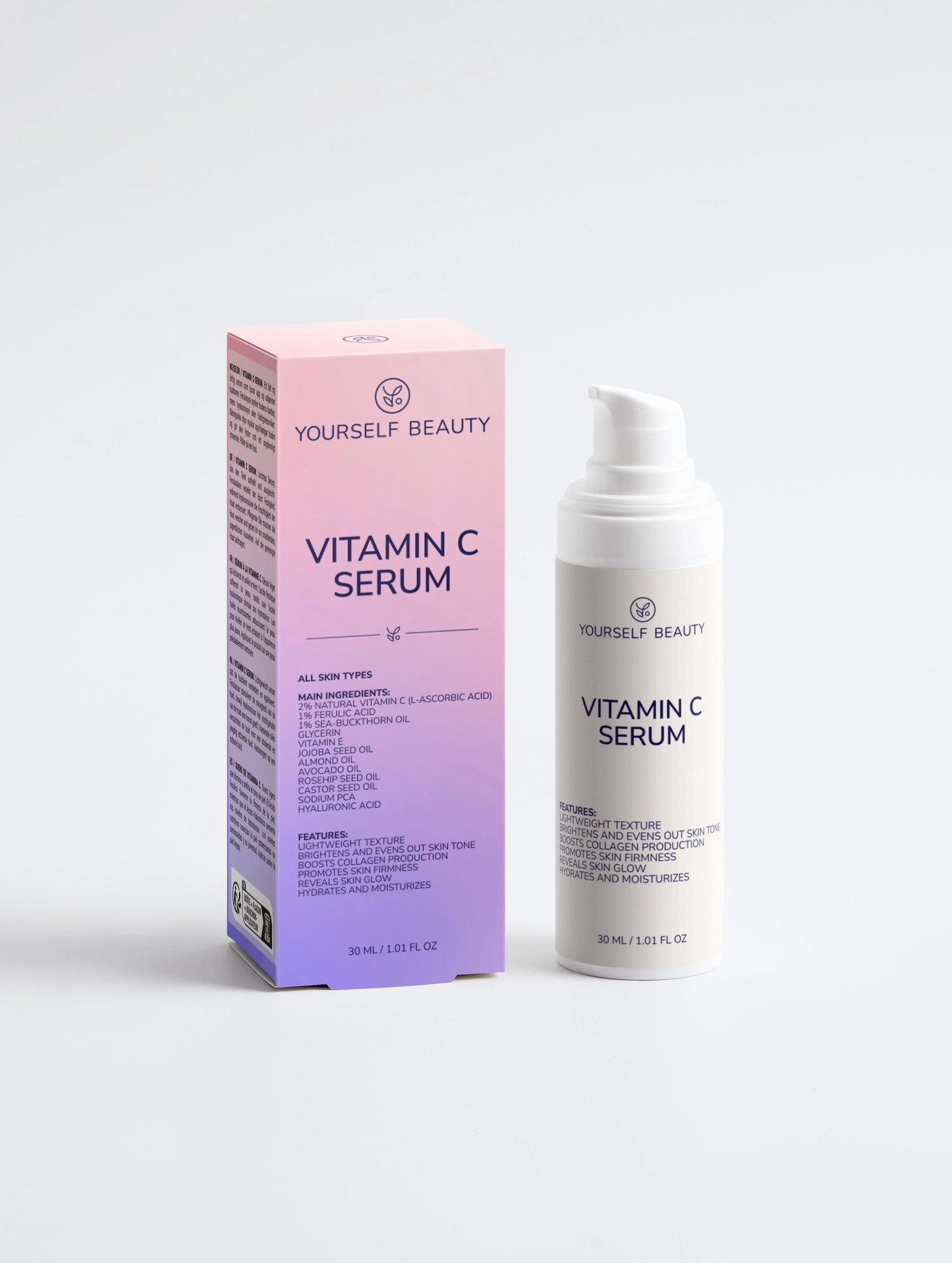 Yourself Beauty Vitamin C serum packaging with pink and purple gradient box and white bottle on a light gray background.