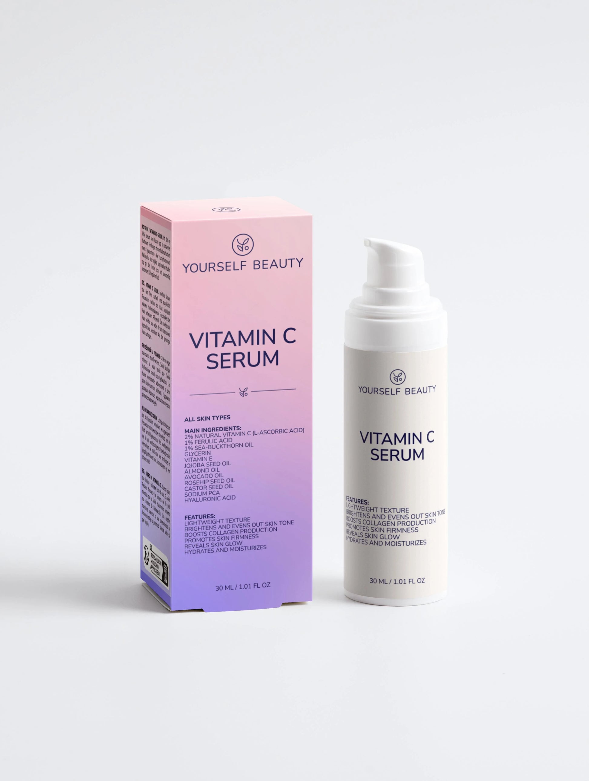 Yourself Beauty Vitamin C serum packaging with pink and purple gradient box and white bottle on a light gray background.