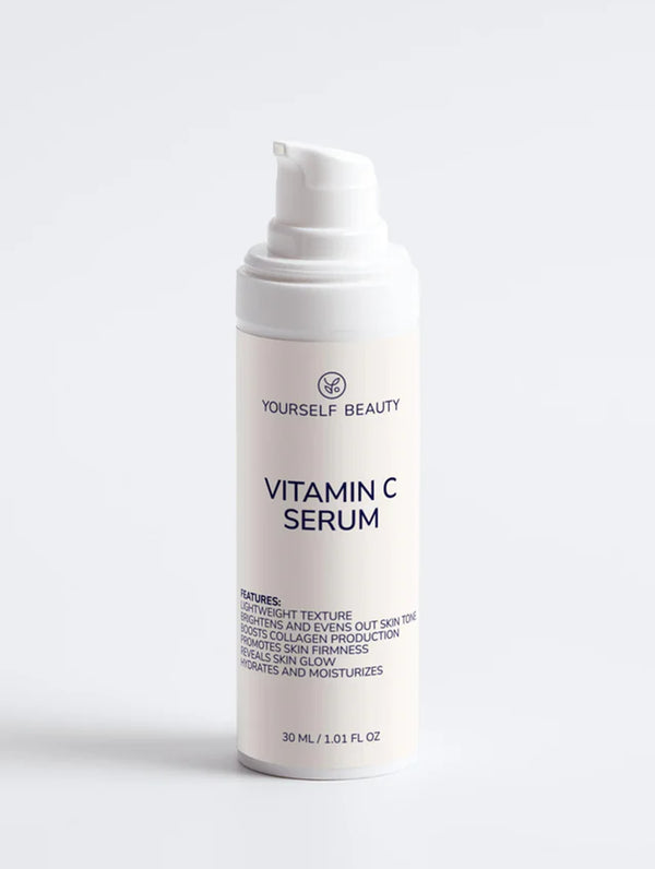 Vitamin C serum bottle with 'Yourself Beauty' branding on a white background.