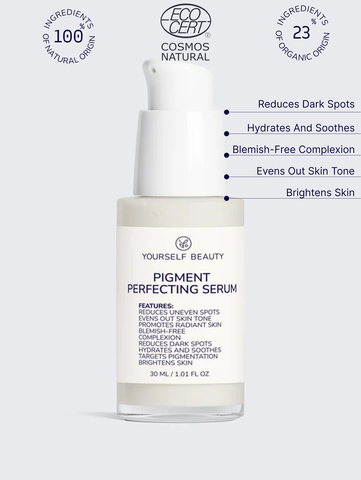 Yourself Beauty Pigment Perfecting Serum bottle with branding and product features on a white background.
