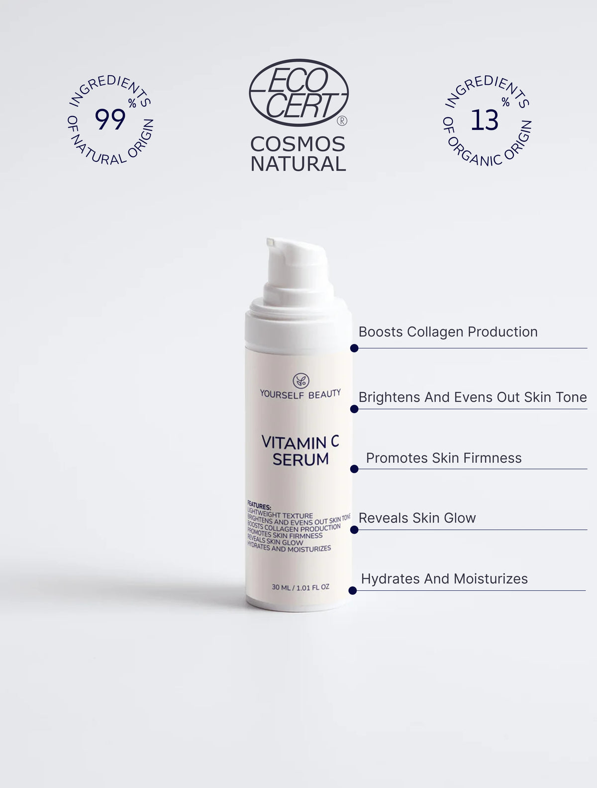 Yourself Beauty Vitamin C serum bottle with certification logos and product benefits on a white background.